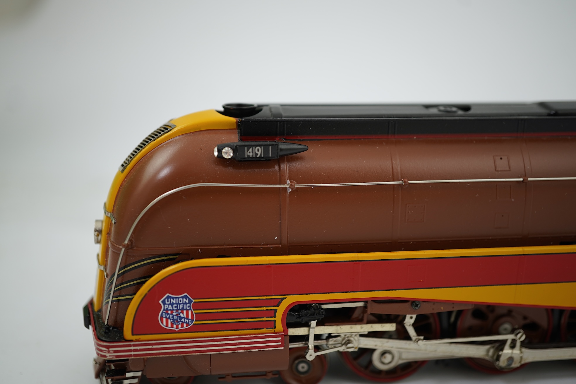 A boxed HO gauge Overland Models Inc. model of Union Pacific, 7002, streamlined 4-8-2 locomotive with bogie tender, powered for two rail operation.